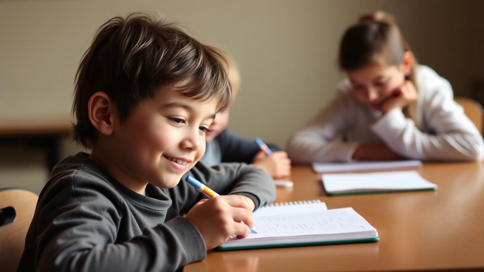 A Utah student smiles while writing in a notebook.